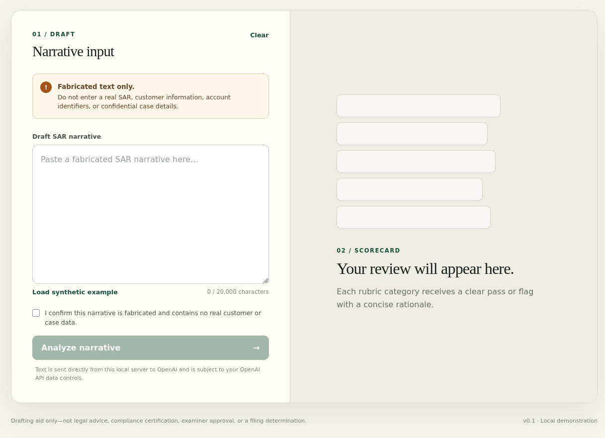 SAR Chasm prototype with narrative input and scorecard areas shown side by side