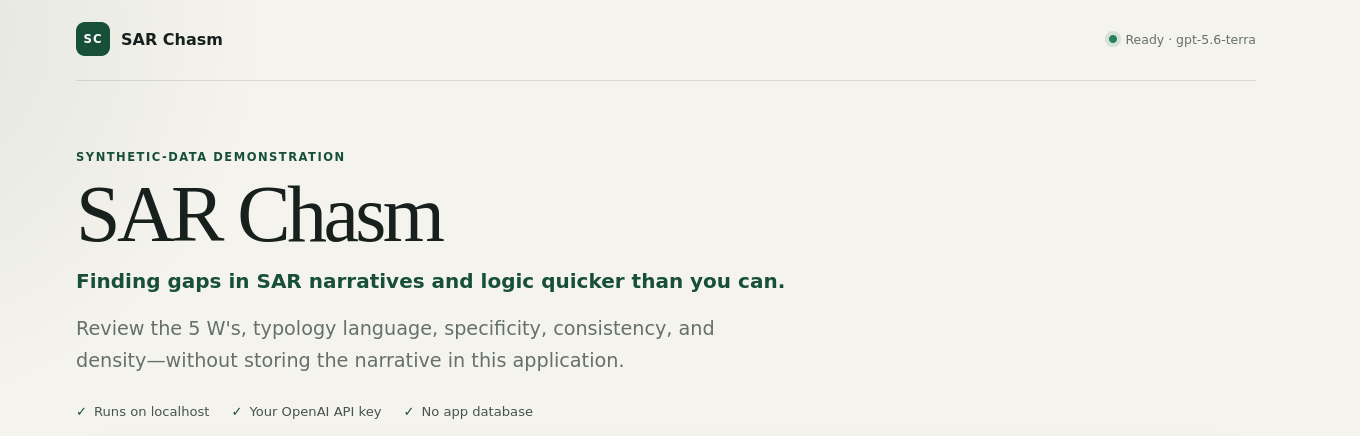 SAR Chasm prototype header showing synthetic-data demonstration status and local privacy notes